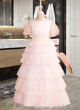 Zion Ball-Gown/Princess Floor-length Flower Girl Dress - Tulle Short Sleeves Scoop Neck With Ruffles/V Back UKP0015780