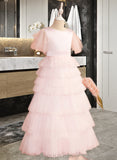 Zion Ball-Gown/Princess Floor-length Flower Girl Dress - Tulle Short Sleeves Scoop Neck With Ruffles/V Back UKP0015780