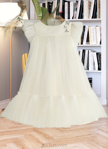 Kayleigh A-Line Knee-length Flower Girl Dress - Satin/Tulle Sleeveless Scoop Neck With Ruffles UKP0015785