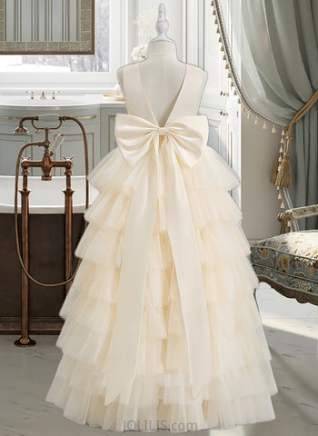 Aiyana Ball-Gown/Princess Floor-length Flower Girl Dress - Satin/Tulle Sleeveless Scoop Neck With Ruffles/Bow(s) UKP0015787