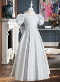 Cristina Ball-Gown/Princess Floor-length Flower Girl Dress - Satin Short Sleeves Scoop Neck With Bow(s) UKP0015788