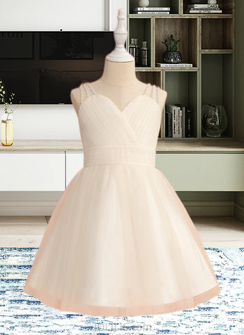 Leilani A-Line Knee-length Flower Girl Dress - Tulle Sleeveless V-neck With Ruffles/Beading UKP0015791