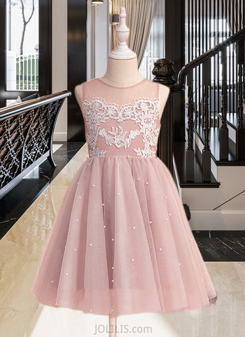 Sanaa A-Line Knee-length Flower Girl Dress - Tulle Sleeveless Scoop Neck With Lace/Beading UKP0015792