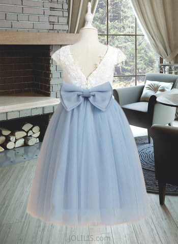 Rhianna A-Line Tea-length Flower Girl Dress - Satin/Tulle Sleeveless Scoop Neck With Lace/Bow(s) UKP0015793