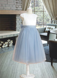 Rhianna A-Line Tea-length Flower Girl Dress - Satin/Tulle Sleeveless Scoop Neck With Lace/Bow(s) UKP0015793