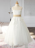 June A-Line Ankle-length Flower Girl Dress - Tulle/Lace Sleeveless Scoop Neck With Sash (Detachable sash) UKP0015794