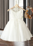 Livia A-Line Knee-length Flower Girl Dress - Tulle/Lace Sleeveless Straps With Rhinestone UKP0015795