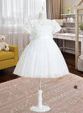 Hayden A-Line Knee-length Flower Girl Dress - Tulle/Lace Short Sleeves Scoop Neck With Bow(s) UKP0015796