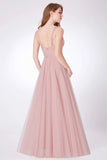 Simple A Line Pink V Neck Tulle Sleeveless Prom Dresses Long Bridesmaid Dresses SJS15383