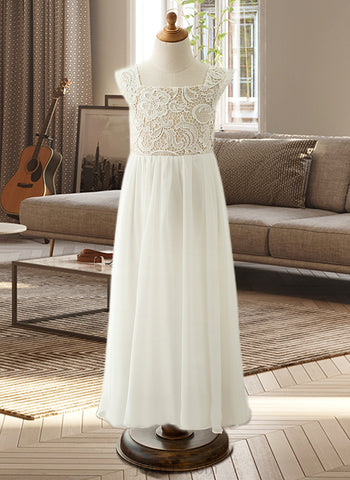 Claudia A-Line Floor-length Flower Girl Dress - Chiffon/Lace Sleeveless Square Neckline With Lace/Appliques UKP0015800