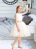 Alia A-Line/Princess Knee-length Flower Girl Dress - Satin/Lace Sleeveless Scoop Neck With Sash UKP0015802