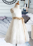 Alia A-Line/Princess Knee-length Flower Girl Dress - Satin/Lace Sleeveless Scoop Neck With Sash UKP0015802