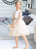 Alia A-Line/Princess Knee-length Flower Girl Dress - Satin/Lace Sleeveless Scoop Neck With Sash UKP0015802