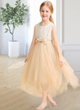 Virginia A-Line Tea-length Flower Girl Dress - Tulle Sleeveless Scalloped Neck With Lace/Bow(s) UKP0015807