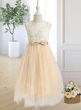 Virginia A-Line Tea-length Flower Girl Dress - Tulle Sleeveless Scalloped Neck With Lace/Bow(s) UKP0015807