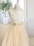 Virginia A-Line Tea-length Flower Girl Dress - Tulle Sleeveless Scalloped Neck With Lace/Bow(s) UKP0015807