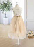 Virginia A-Line Tea-length Flower Girl Dress - Tulle Sleeveless Scalloped Neck With Lace/Bow(s) UKP0015807