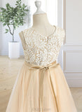 Virginia A-Line Tea-length Flower Girl Dress - Tulle Sleeveless Scalloped Neck With Lace/Bow(s) UKP0015807