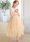 Virginia A-Line Tea-length Flower Girl Dress - Tulle Sleeveless Scalloped Neck With Lace/Bow(s) UKP0015807