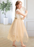 Virginia A-Line Tea-length Flower Girl Dress - Tulle Sleeveless Scalloped Neck With Lace/Bow(s) UKP0015807