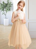 Virginia A-Line Tea-length Flower Girl Dress - Tulle Sleeveless Scalloped Neck With Lace/Bow(s) UKP0015807