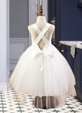 Ellen Ball-Gown/Princess Tea-length Flower Girl Dress - Satin/Tulle/Lace Sleeveless Straps With Bow(s) UKP0015813