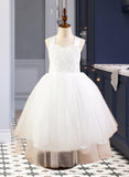 Ellen Ball-Gown/Princess Tea-length Flower Girl Dress - Satin/Tulle/Lace Sleeveless Straps With Bow(s) UKP0015813