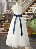 Iris A-Line Floor-length Flower Girl Dress - Satin/Tulle/Lace Sleeveless Scoop Neck With Sash (Detachable sash) UKP0015816