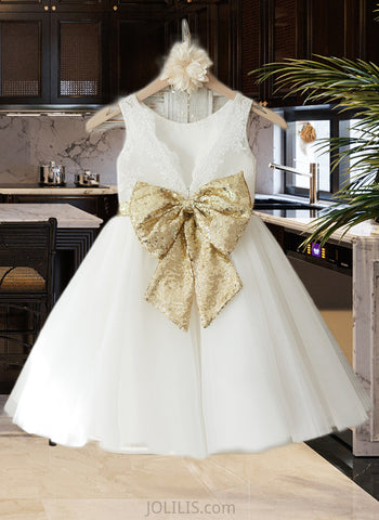 Macey A-Line Knee-length Flower Girl Dress - Tulle/Lace/Sequined Sleeveless Scoop Neck With Bow(s)/V Back UKP0015817