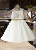 Macey A-Line Knee-length Flower Girl Dress - Tulle/Lace/Sequined Sleeveless Scoop Neck With Bow(s)/V Back UKP0015817