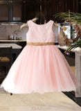 Macey A-Line Knee-length Flower Girl Dress - Tulle/Lace/Sequined Sleeveless Scoop Neck With Bow(s)/V Back UKP0015817