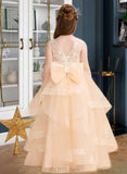 Brynlee Ball-Gown/Princess Floor-length Flower Girl Dress - Tulle Sleeveless Scalloped Neck With Lace/Flower(s)/Bow(s)/V Back UKP0015824