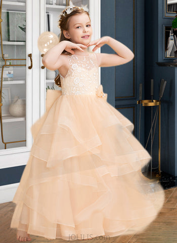 Brynlee Ball-Gown/Princess Floor-length Flower Girl Dress - Tulle Sleeveless Scalloped Neck With Lace/Flower(s)/Bow(s)/V Back UKP0015824