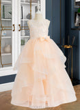 Brynlee Ball-Gown/Princess Floor-length Flower Girl Dress - Tulle Sleeveless Scalloped Neck With Lace/Flower(s)/Bow(s)/V Back UKP0015824