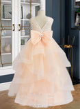 Brynlee Ball-Gown/Princess Floor-length Flower Girl Dress - Tulle Sleeveless Scalloped Neck With Lace/Flower(s)/Bow(s)/V Back UKP0015824