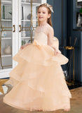 Brynlee Ball-Gown/Princess Floor-length Flower Girl Dress - Tulle Sleeveless Scalloped Neck With Lace/Flower(s)/Bow(s)/V Back UKP0015824