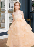 Brynlee Ball-Gown/Princess Floor-length Flower Girl Dress - Tulle Sleeveless Scalloped Neck With Lace/Flower(s)/Bow(s)/V Back UKP0015824