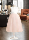 Lily A-Line Tea-length Flower Girl Dress - Satin/Tulle Sleeveless Scoop Neck With Beading/Bow(s) UKP0015829