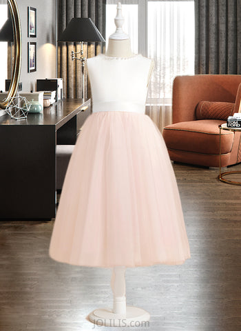 Lily A-Line Tea-length Flower Girl Dress - Satin/Tulle Sleeveless Scoop Neck With Beading/Bow(s) UKP0015829