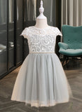 Madilynn A-Line Knee-length Flower Girl Dress - Tulle Short Sleeves Scalloped Neck With Lace/Beading/Sequins UKP0015830