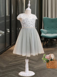 Madilynn A-Line Knee-length Flower Girl Dress - Tulle Short Sleeves Scalloped Neck With Lace/Beading/Sequins UKP0015830