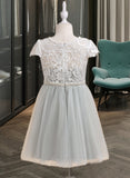 Madilynn A-Line Knee-length Flower Girl Dress - Tulle Short Sleeves Scalloped Neck With Lace/Beading/Sequins UKP0015830