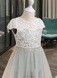 Madilynn A-Line Knee-length Flower Girl Dress - Tulle Short Sleeves Scalloped Neck With Lace/Beading/Sequins UKP0015830