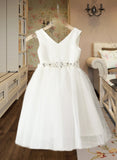 Jeanie A-Line Knee-length Flower Girl Dress - Satin/Tulle Sleeveless V-neck With Bow(s) UKP0015832