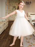 Jeanie A-Line Knee-length Flower Girl Dress - Satin/Tulle Sleeveless V-neck With Bow(s) UKP0015832