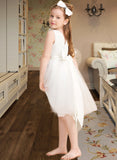 Jeanie A-Line Knee-length Flower Girl Dress - Satin/Tulle Sleeveless V-neck With Bow(s) UKP0015832