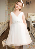 Jeanie A-Line Knee-length Flower Girl Dress - Satin/Tulle Sleeveless V-neck With Bow(s) UKP0015832