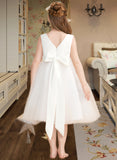 Jeanie A-Line Knee-length Flower Girl Dress - Satin/Tulle Sleeveless V-neck With Bow(s) UKP0015832