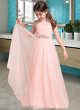 India A-Line Floor-length Flower Girl Dress - Tulle Sleeveless V-neck With Ruffles/Beading/Sequins UKP0015835