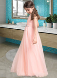 India A-Line Floor-length Flower Girl Dress - Tulle Sleeveless V-neck With Ruffles/Beading/Sequins UKP0015835